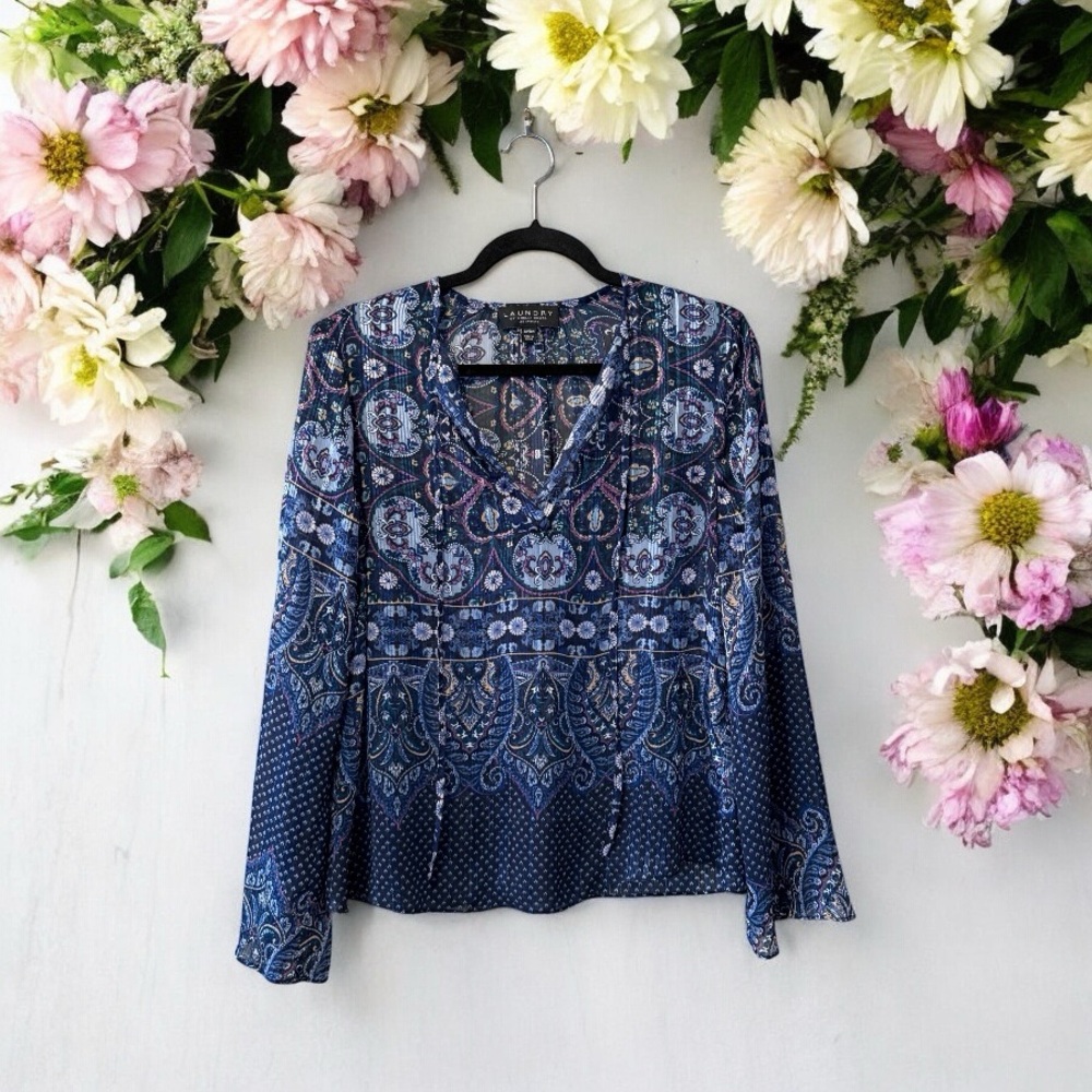 Laundry Blue Floral/Paisley Intricate Print Top with Metallic Silver Threads - Picture 16 of 16